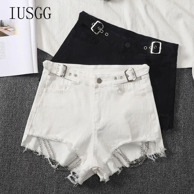 

Новинка 2021, черные и белые шорты с дырками, женские эластичные тонкие брюки с высокой талией, украшенные цепочкой и кисточками