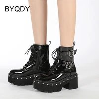 byqdy fashion martin boots women platform shoes rivet belt buckle punk style woman motorcycle boots zapatos mujer light comfy