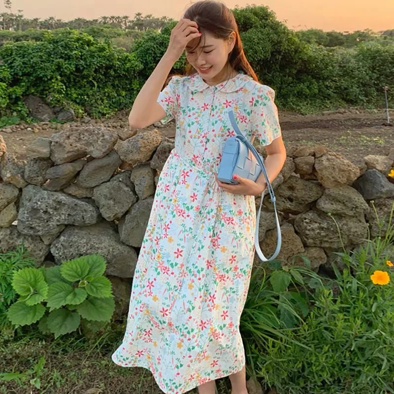 

Korean Ins Cute Younger Cute Flowers Print Doll Collar Loose Short Sleeve Mid-Length Floral Dress for Women