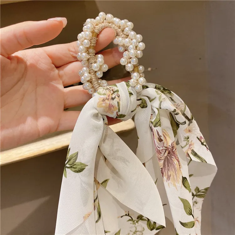 

Pearl Hair Bands Printing Long Scarf Ribbons Scrunchie for Women Girls Elegant Bow Tie Elastic Ponytail Holder Hair Accessories