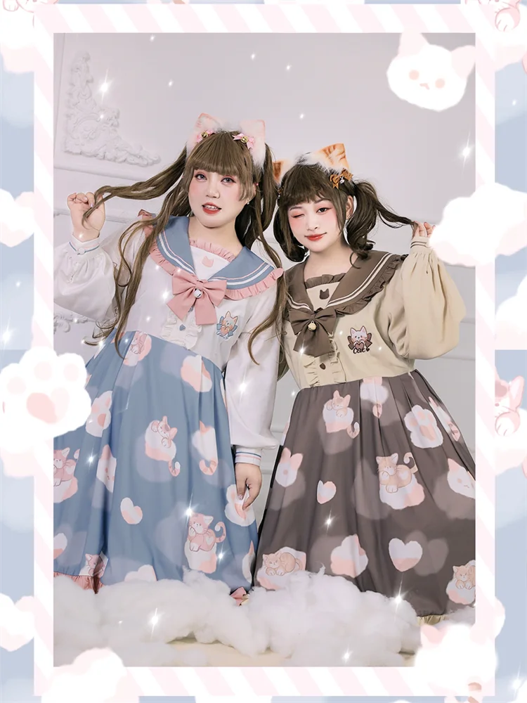 Cute Cat Girl Navy Large Size 4xl Sweet Dress Lolita Preppy Style Bowknot Kawaii Woman Puff Sleeve Cosplay Lolita Op Loli