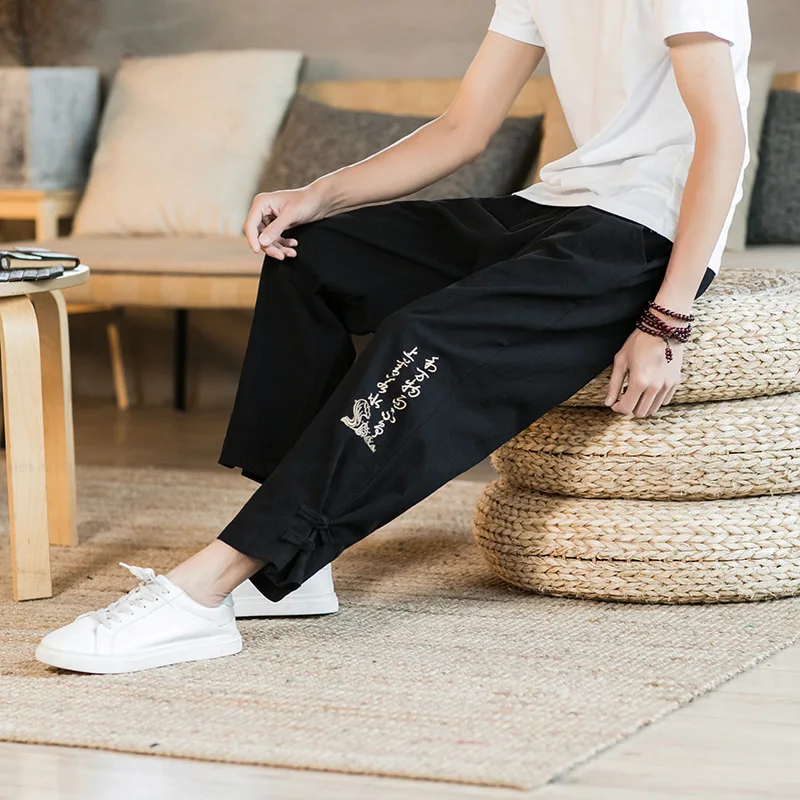 

Men Casual Fashion Harem Pants Bloomers Chinese Style Cotton Linen Embroidery Retro Trousers Tai Chi Kung Fu Uniforms Bottoms