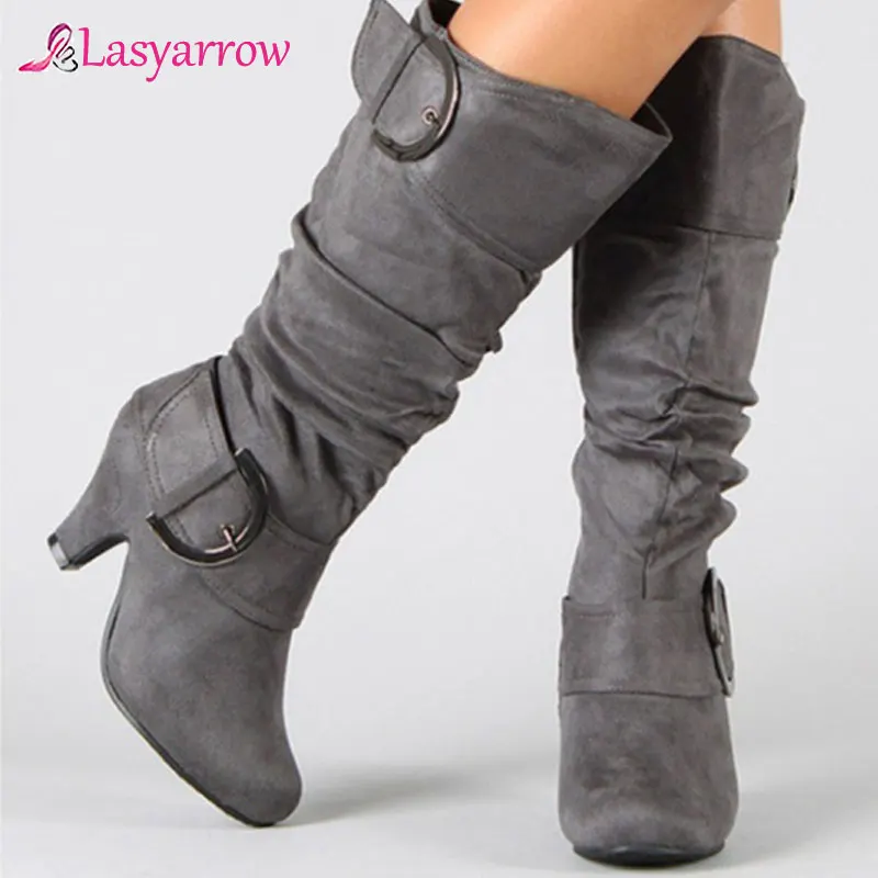 Женские сапоги до колена Lasyarrow осенне зимние из искусственной замши на шпильке с