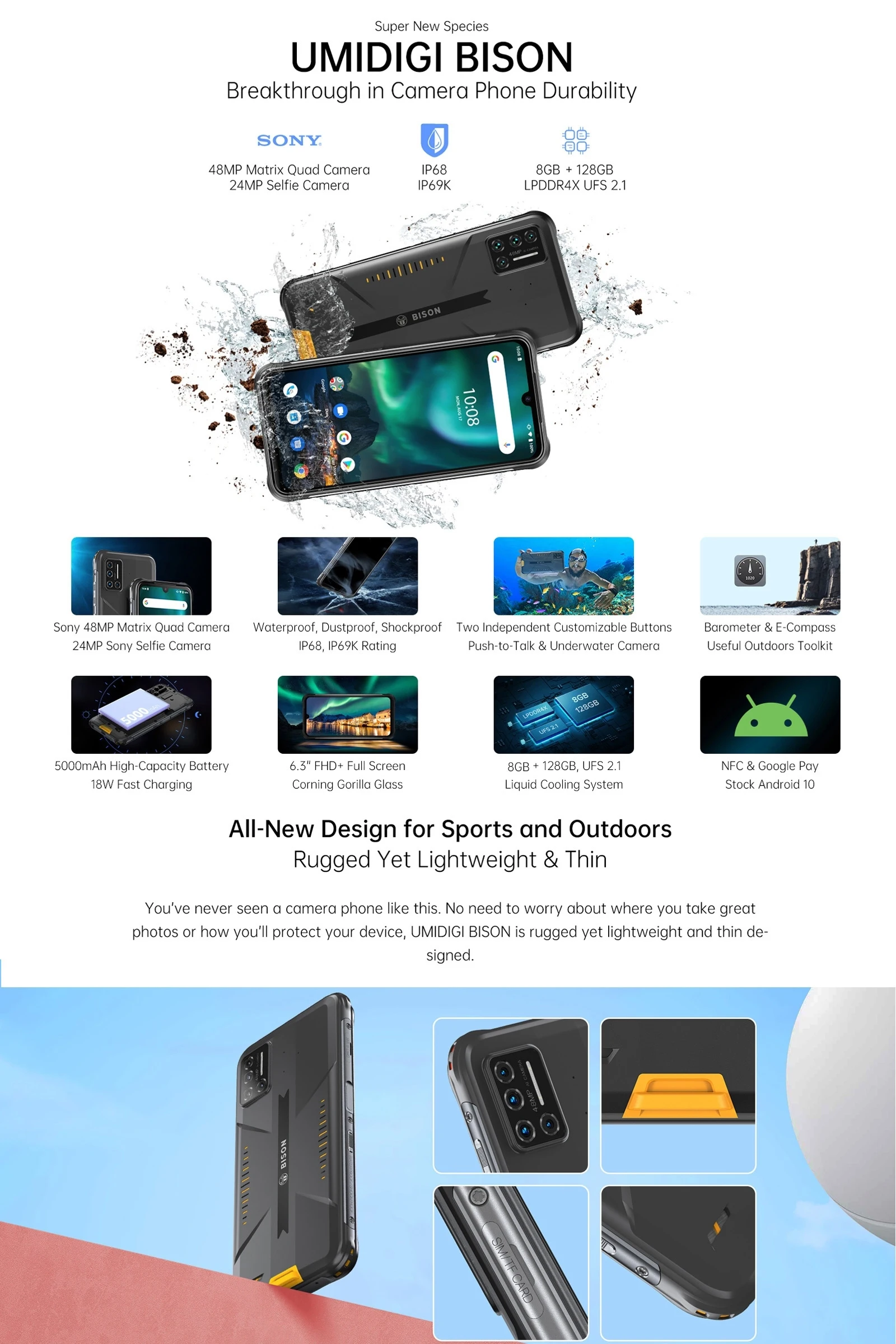 umidigi bison 8gb128gb ip68ip69k waterproof rugged phone 48mp matrix quad camera 6 3 fhd display nfc android 11 smartphone free global shipping