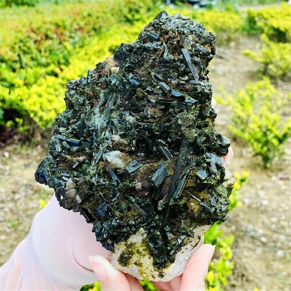 

Natural green tourmaline quartz crystal cluster ore sample