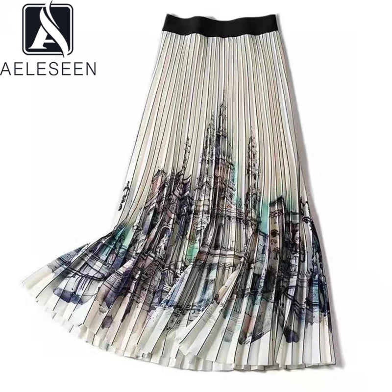 AELESEEN Women Pleated Skirt 2022 Spring New Arrival Runway Fashion Flower Print Casual Holiday Waist Elastic Party Long