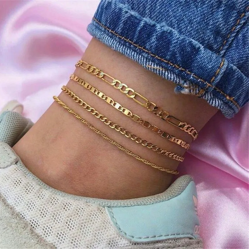 

Gold Silver Color Alloy Punk 4 Pcs/Set Ankle Chains Female Simple Anklets for Women 2020 Fashion Summer Beach Foot Jewelry