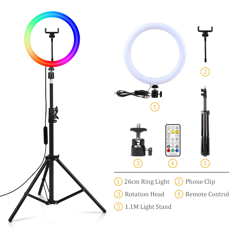 

29 Colors Rainbow Ring Light LED With USB Port Dimmable Mode Round Shape RGB Ring Light For Selfie Taking,Videos,Live Streaming