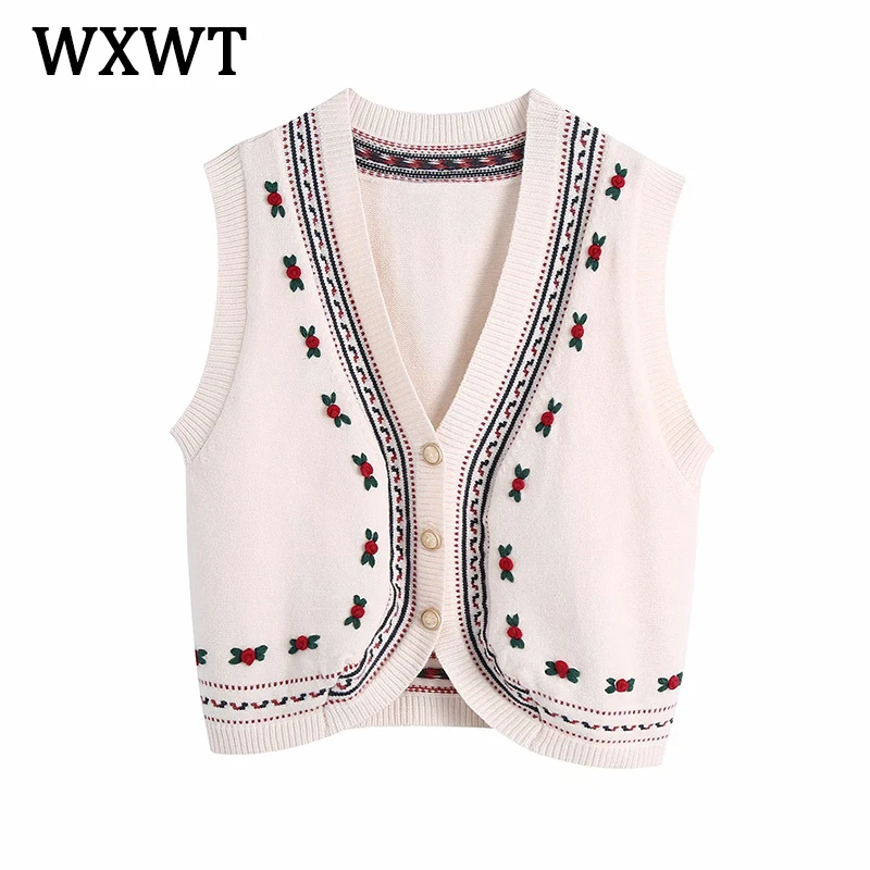 

WXWT Women 2021 Manual Hook Flower Short Knitted Vest Sweater V Neck Sleeveless Female Waistcoat Chic Tops BB1108