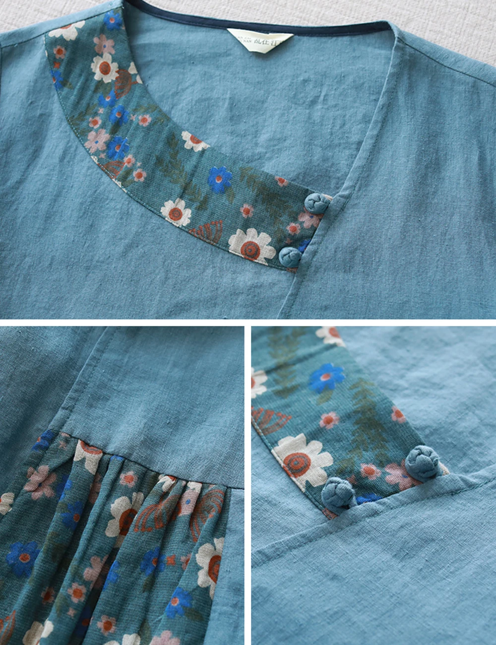 

LZJN New Autumn Winter Casual Loose Maxi Long Sleeve Dress Linen Floral Patchwork A-line Loose Long Dress