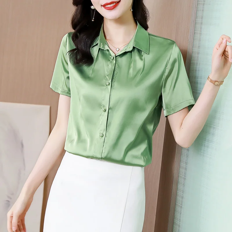 

Summer Korean Fashion Chiffon Woman Shirts Satin Office Lady Short Sleeve Buttoned Shirt Loose Green Ladies Tops Blouse