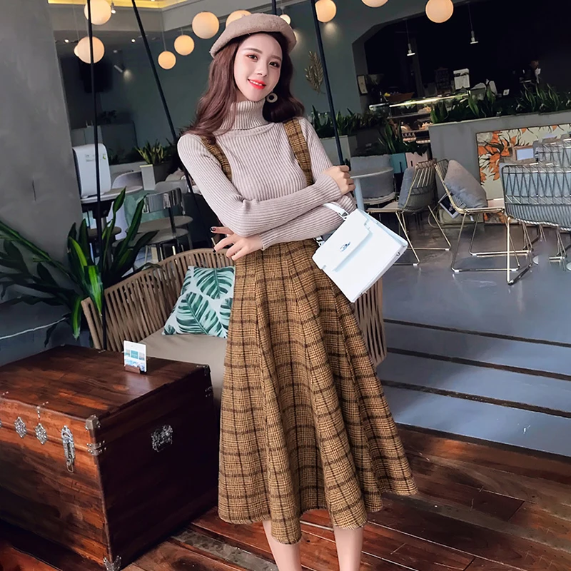 Коричневые Клетчатые Шерстяные Платья сарафан на бретелях спагетти в японском