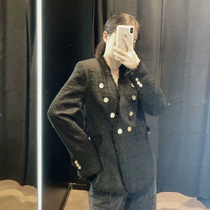 Пикантный шерстяной твидовый блейзер с V-образным вырезом осенний пиджак женский