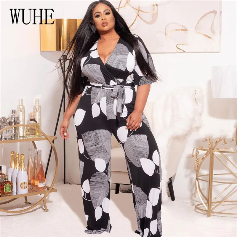 

YEYA Patchwork Print Jumpsuits Elegant Women Short Sleeve Sexy V Neck Lace Up Sashes Casual Party Nightclub Streetwear Overalls