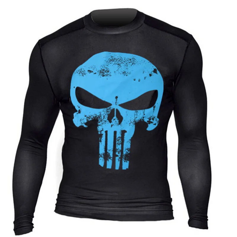 

Skull Print Long Sleeve Men Gym Clothing Strong Elasticity Tight Tshirts Teenagers Blue White Sports Bodybuilding Fashion Tops