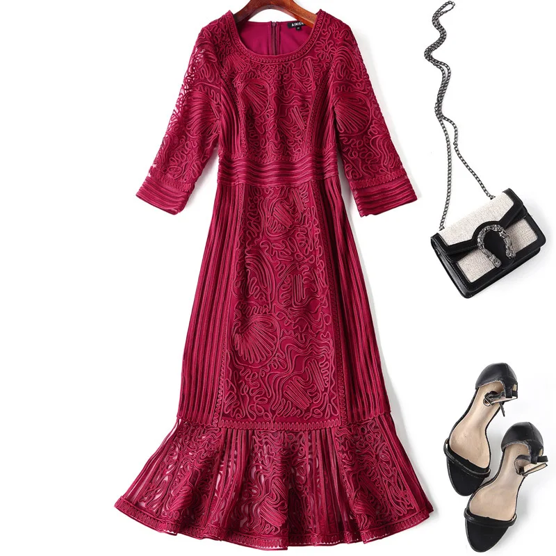 

Quality New Top 1950s Style Dress High Quality Women Allover Appliques Embroidery 3/4 Sleeve Bodycon Sexy Party Mermaid Dresses