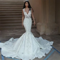 mermaid long wedding dresses bridal gowns lace sleeveless v neck mariage bride dresses vestidos de novia 2020