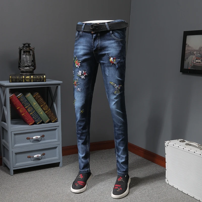 Джинсы-Джоггеры мужские Стрейчевые с вышивкой птиц модные облегающие хлопковые