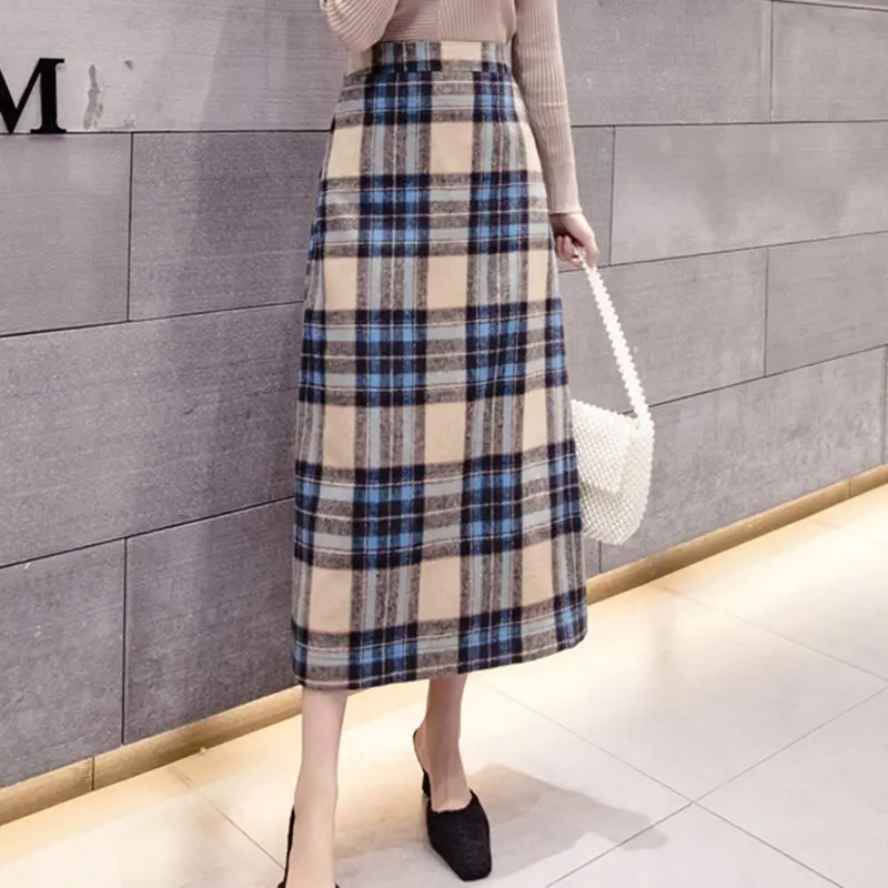 Облегающая клетчатая юбка в стиле ретро с высокой талией осенне-зимняя