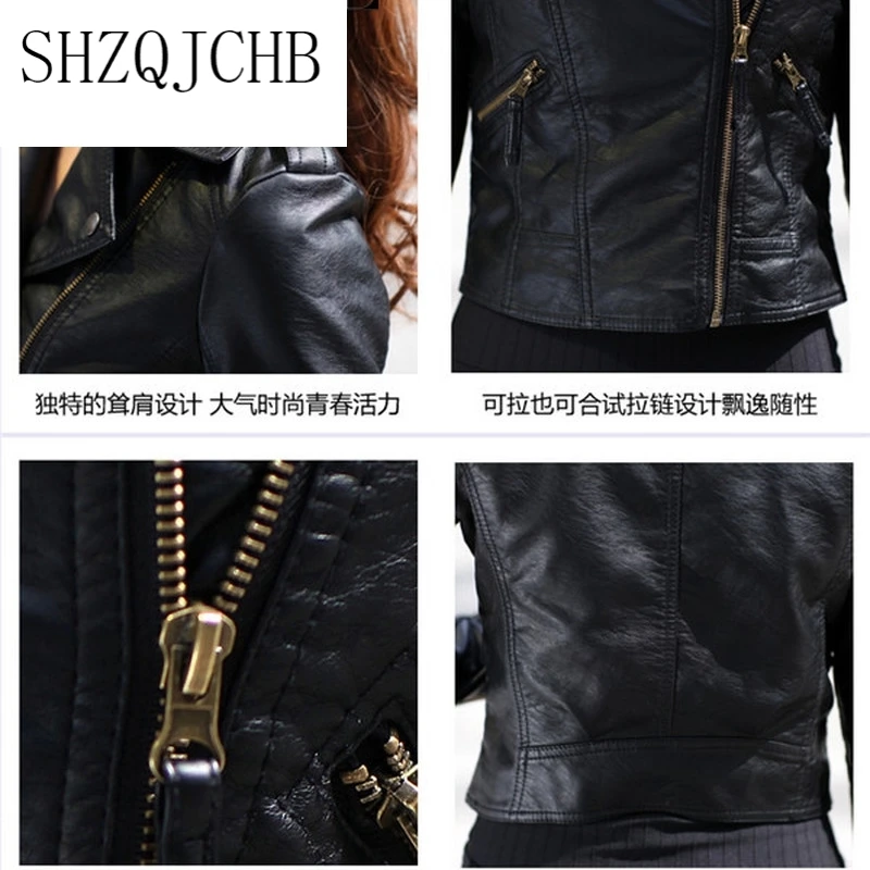 

JCHB Autumn Women Black Slim Korean Style PU Leather Jackets Sweet Bodycon Full Sleeve Zipper Femme Outwear Coat