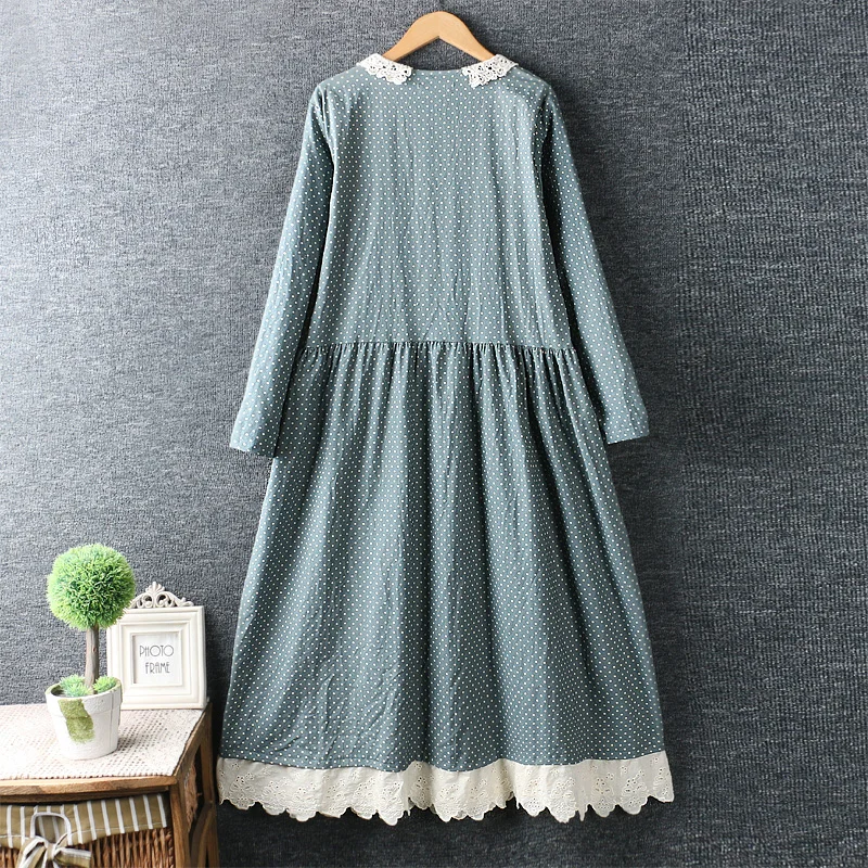 Новое весеннее женское платье из хлопка и льна свободное кружевное в горошек с