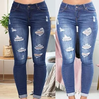 korean style high waist trousers skinny denim women jeans blue washed ripped jeans hollow bleached pencil stretch denim pants
