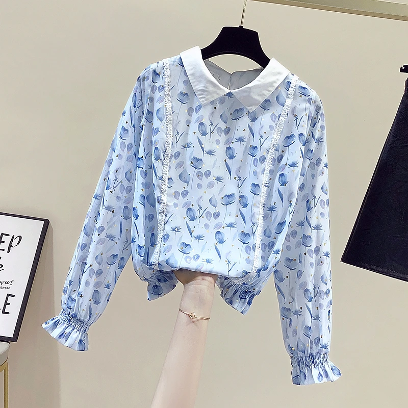 

Женская шифоновая блузка с длинными рукавами-лепестками и цветочным принтом