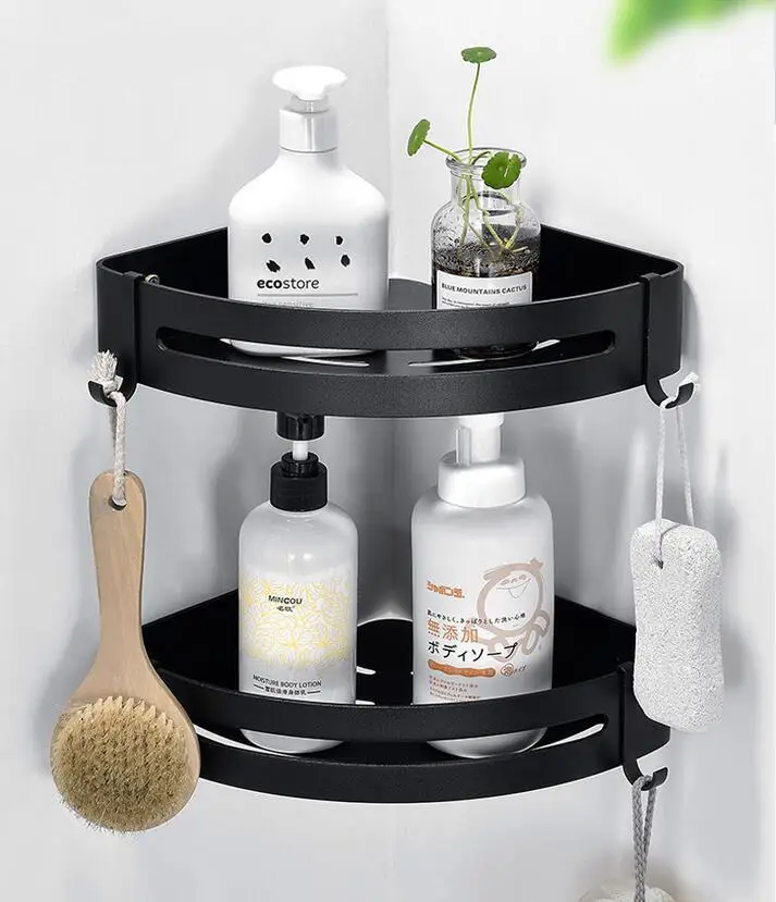 

No DrillBathroom Shelf Organizer Shower Storage Rack Black Corner Shelves Wall Mounted Aluminum Toilet Shampoo Holder