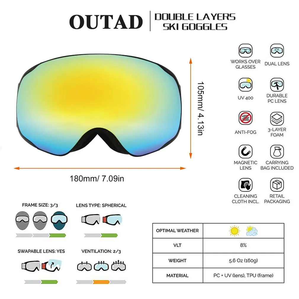 

OUTAD Double Layers Ski Goggles UV Anti-fog Protection Ski Mask Glasses Eyewear Skiing Outdoor Sports Skating Skiing Goggles