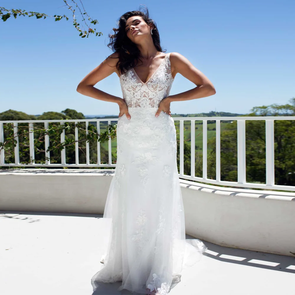 

Jiayigong Modest Wedding Dresses Custom Sleeveless V Neck Lace Applique Mermaid Bridal Gown Plus Size Tulle Vestidos De Noiva