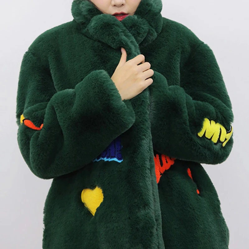 Winter Faux Fur Coat Women Warm Soft Fluffy Long Jacket Fashion Letter Warm Black Brown Green Faux Fur Jackets Overcoat Female