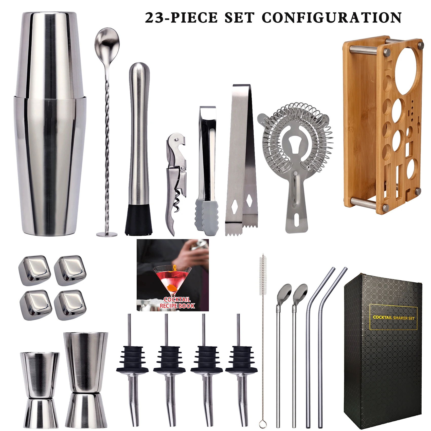 Juego de coctelera de 23 piezas, Kit de camarero con soporte de bamb&uacute; desmontable, herramientas de Bar para casa y fiesta de acero inoxidable, regalo perfecto-4