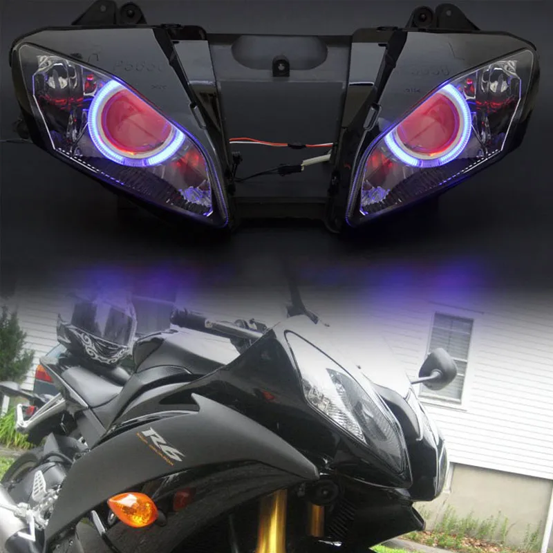 

Motorcycle Custom Headlight Assembly For Yamaha YZF R6 08-15 Blue Angel Red Demon Eyes DRL HID Projector Conversion Headlamp