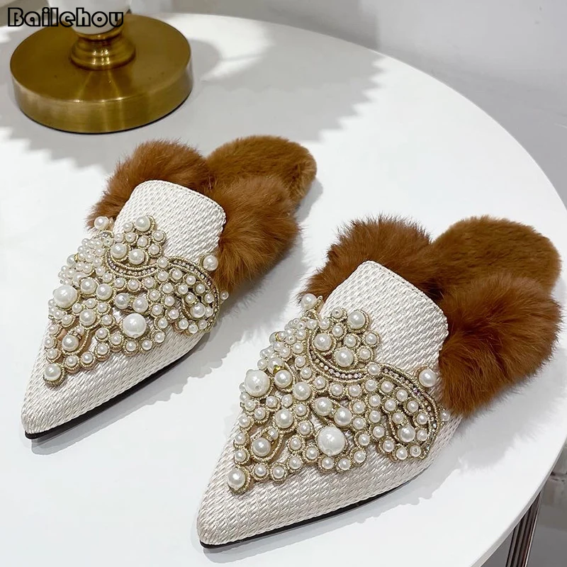 

Женские шлепанцы большого размера, женская обувь, Роскошные зимние меховые домашние женские уличные мюли, шлепанцы на плоской подошве с кри...