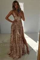 2020 new arrivals long prom dresses with sequins fabric sleeveless formal graduation evening party gown custom made plus size