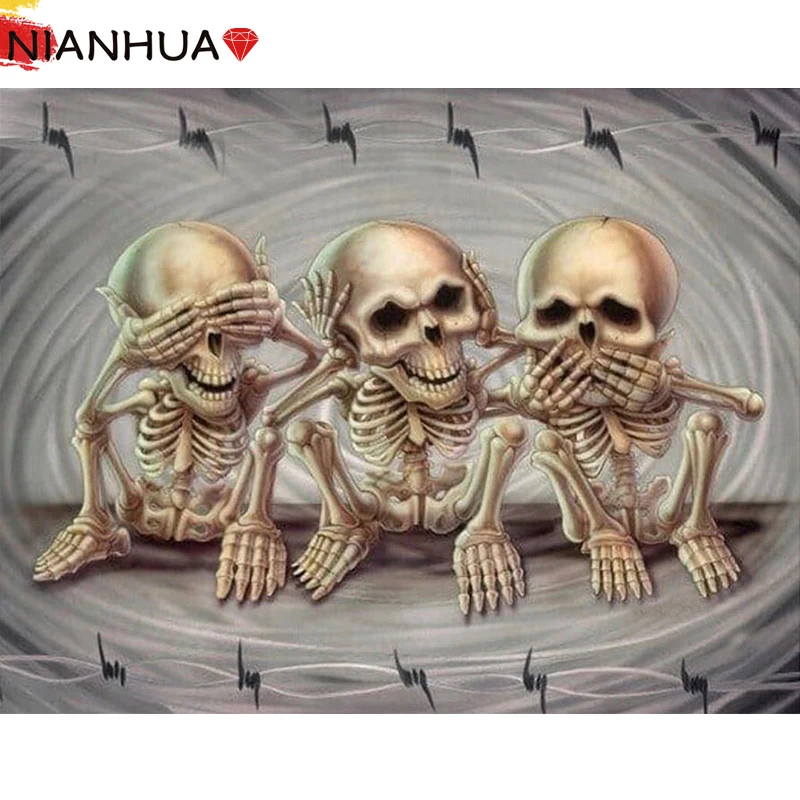 

5D Diamond Painting Skull Soldiers Donâ€™t Look, Listen, Say, Mosaic Mural Art Square Round Photo Embroidery DIY Set Gift Home