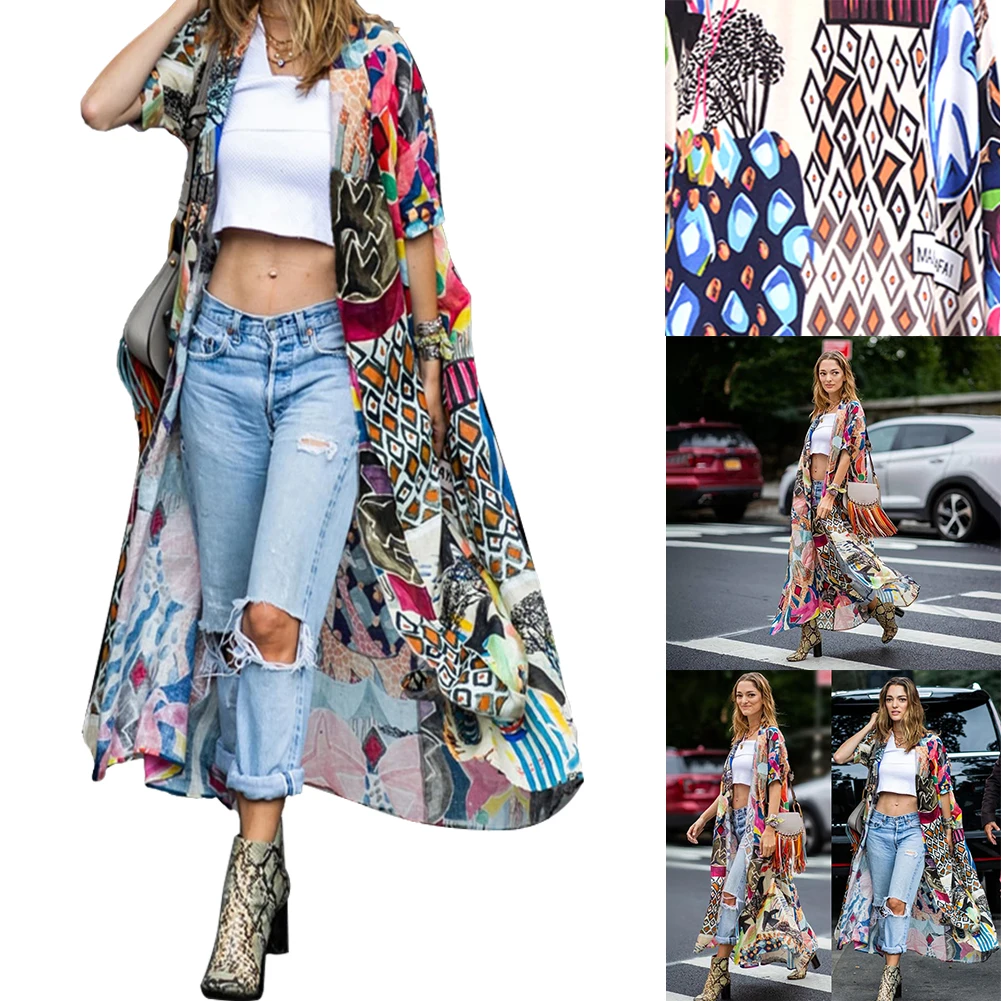 2020 летняя пляжная одежда с богемным принтом и коротким рукавом длинное кимоно