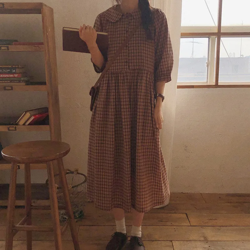 Корейское дизайнерское модное осеннее платье в клетку хлопковое льняное стиле