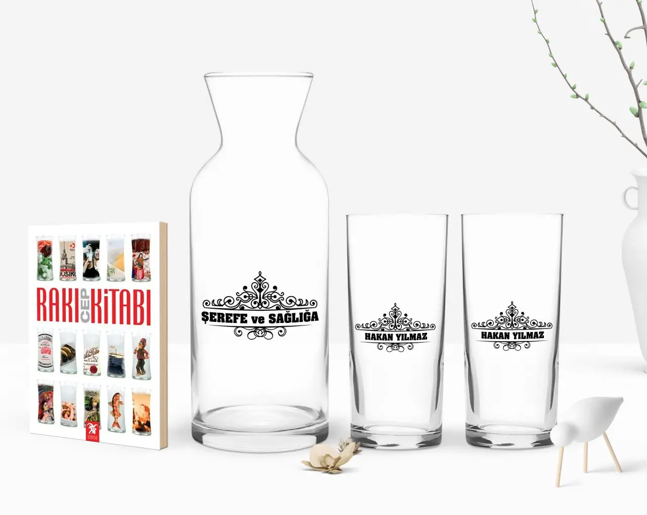 

Персонализированные Цветные принты имеет двойную Arrack чашки графин и карманная книжка подарок Seti-32