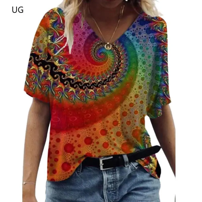 

2021 Vintage Women Floral Print T Shirt Summer Casual Short Sleeve V-Neck Ladies Oversized Tops 3D Abstract Streetwear Plus Size