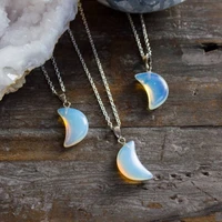 cute moon natural stone pendant necklace crystal rainbow crescent gift for women best friends gemini june cancer jewelry