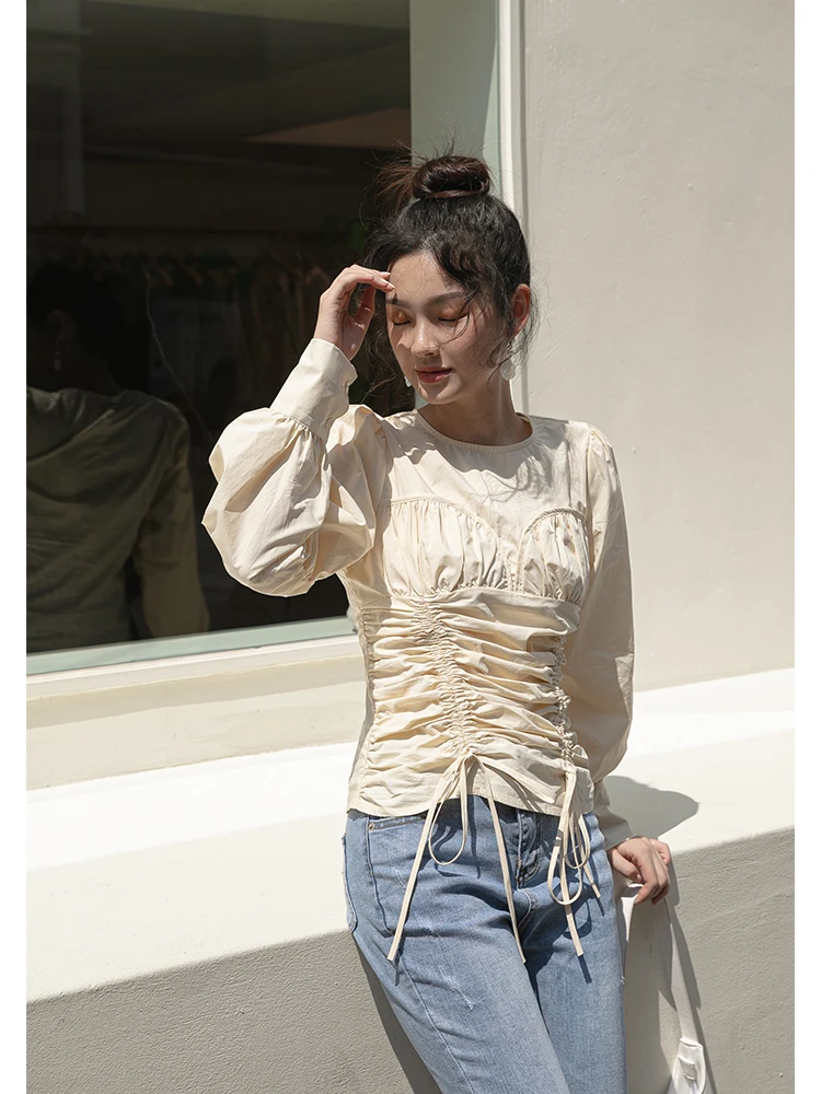 Новая Осенняя блузка со складками с пышными рукавами 2019 Модный корейский стиль