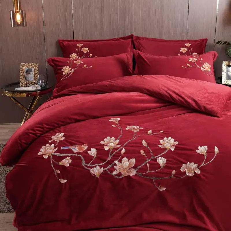 J1 зимний флисовый комплект постельного белья с цветочной вышивкой Птицы