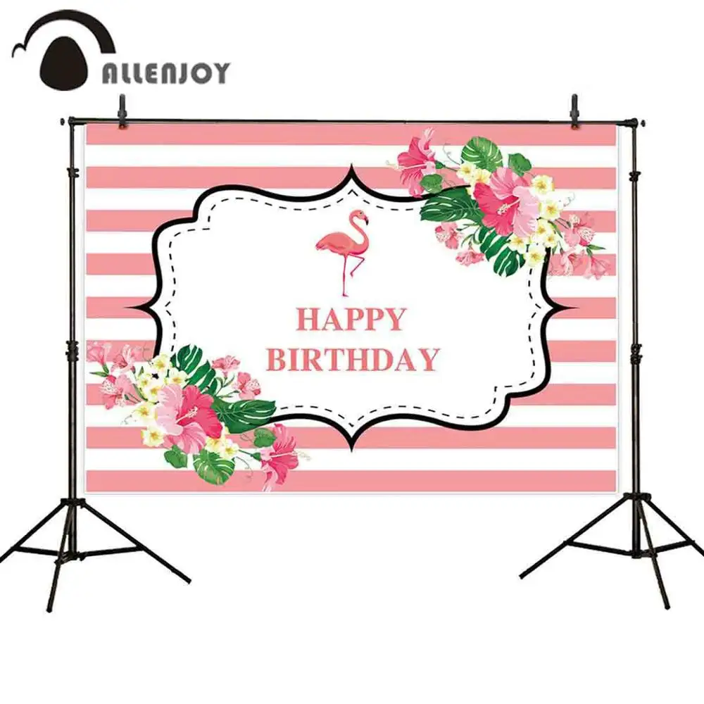 

Allenjoy Child Party Wall Decor Pink Stripe Flamingo Happy Birthday Background Photozone Baby Shower Girl Summer Backdrop Banner