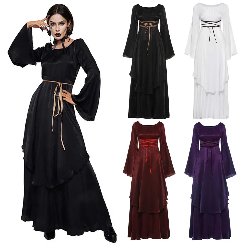 

Women's Medieval Renaissance Dress Bell Sleeve High Waist Gothic Long Gown Celtic Queen Cosplay Costume Halloween Fancy Dress