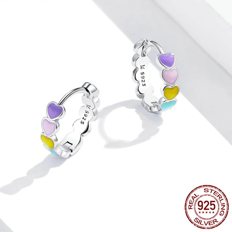 

925 Sterling Silver Earrings for Girl Women Rainbow Heart Dangle Enamel Eardrop Hypoallergenic Piercing Ear Studs Jewelry Hoop