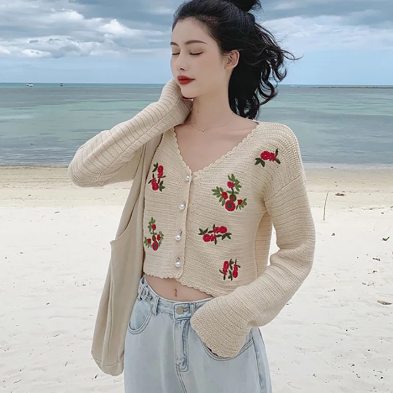 

Spring New Knitting Sweaters Embroidrey Floral Single Breasted Knit Cardigan Female V Neck Slim Thin Long Sleeve Casual Knitwear