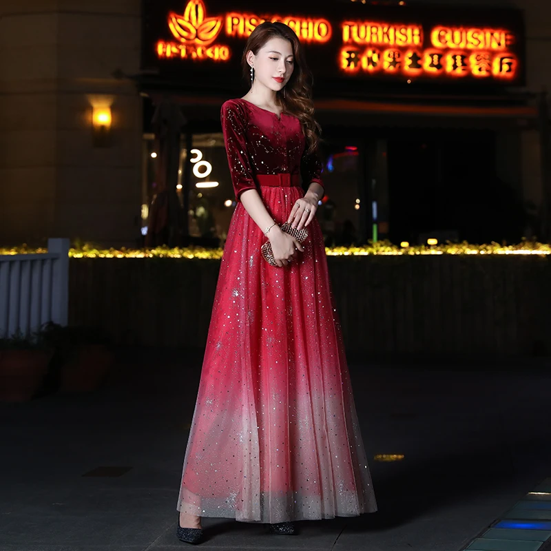 Evening dress fashion round neck bride long section sleeve velvet upper body gradient color 2019 new | Свадьбы и торжества