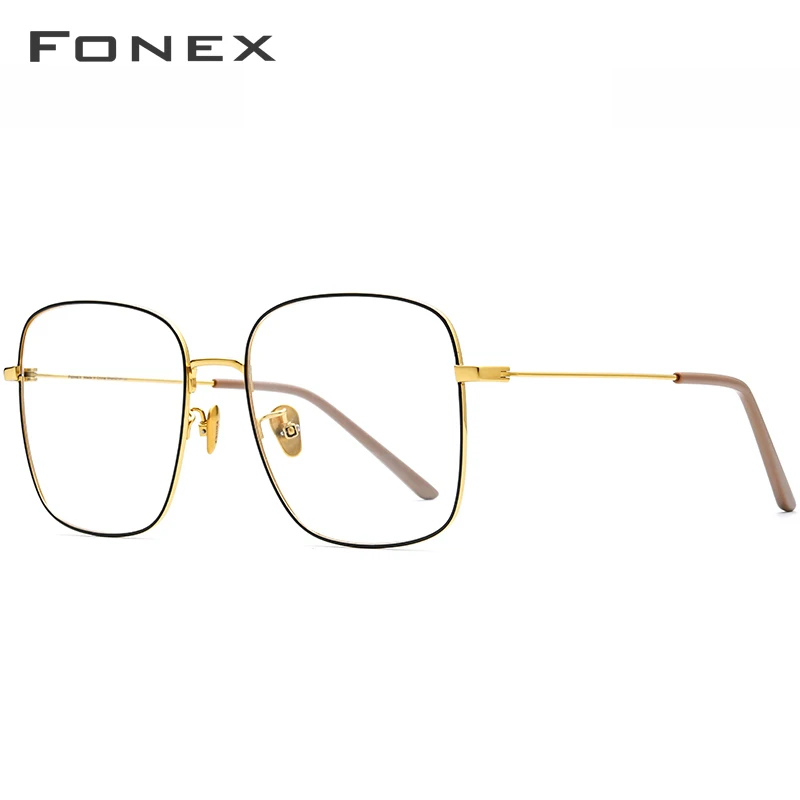 Black Gold Brown FONEX Pure titanium очки для женщин негабаритных Близорукость Оптические очки по рецепту оправа для мужчин большие квадратные сверхлегкие очки 8520 - Цвет оправы: Black Gold Brown