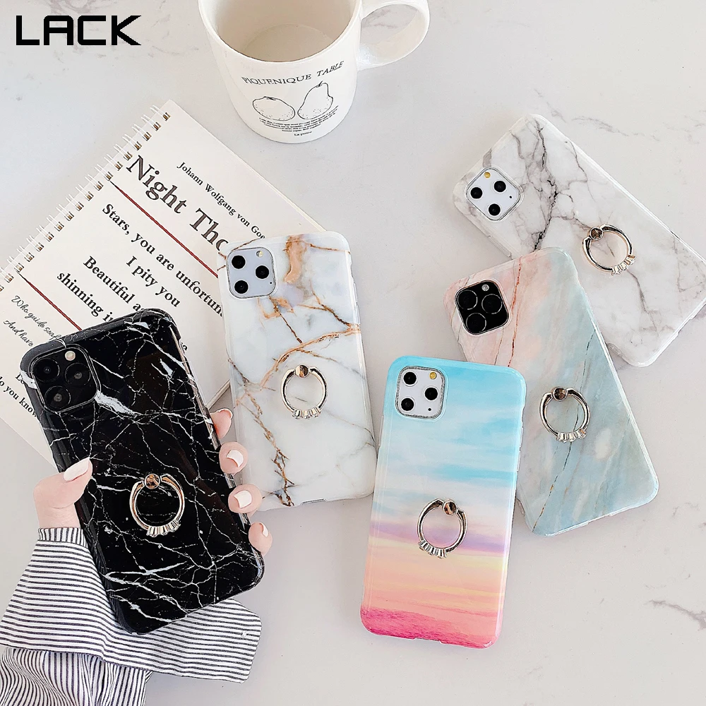 Чехол LACK с мраморным рисунком и бриллиантовым кольцом-подставкой для iphone 12 11Pro Max